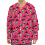 Little Green Alien UFO Print Long Sleeve Baseball Jersey