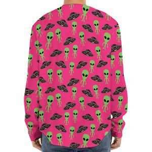 Little Green Alien UFO Print Long Sleeve Baseball Jersey