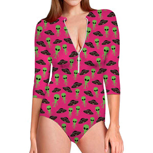 Little Green Alien UFO Print Long Sleeve Swimsuit