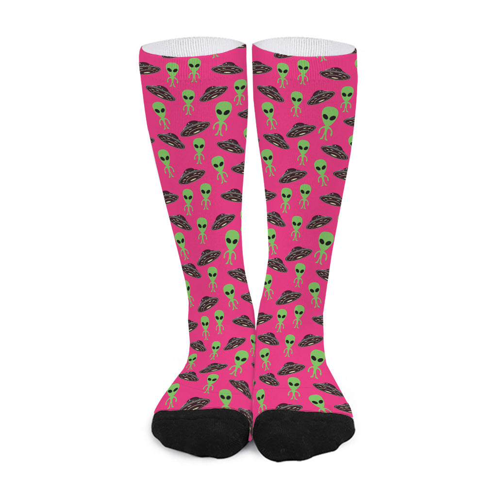 Little Green Alien UFO Print Long Socks