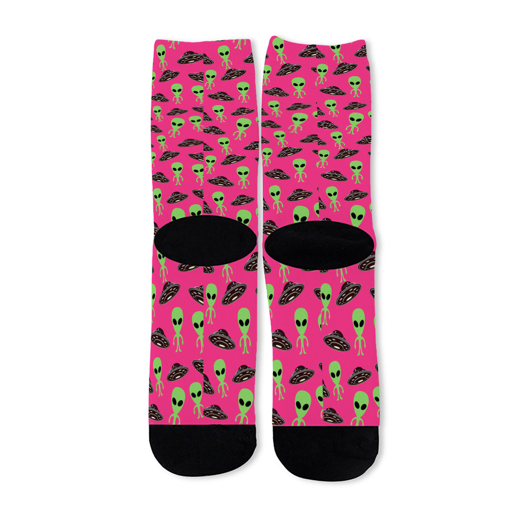 Little Green Alien UFO Print Long Socks
