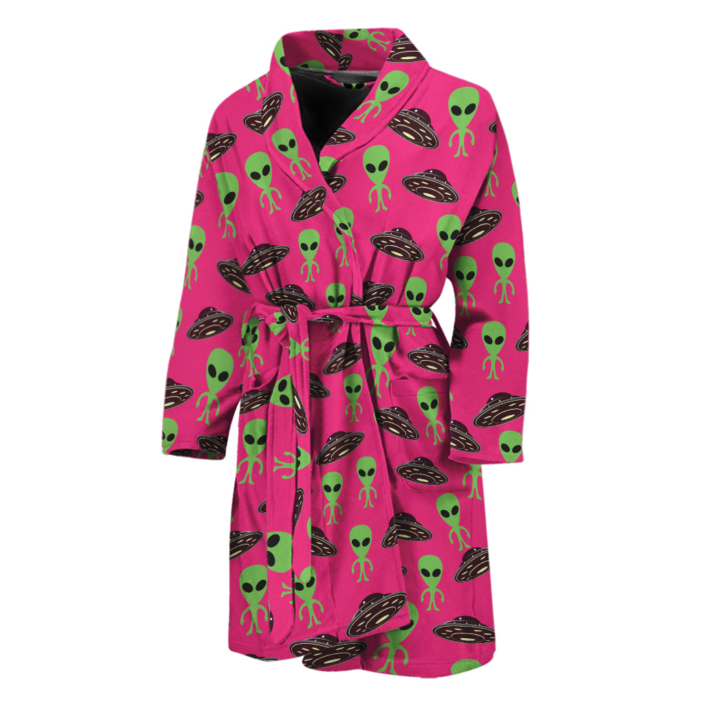 Little Green Alien UFO Print Men's Bathrobe