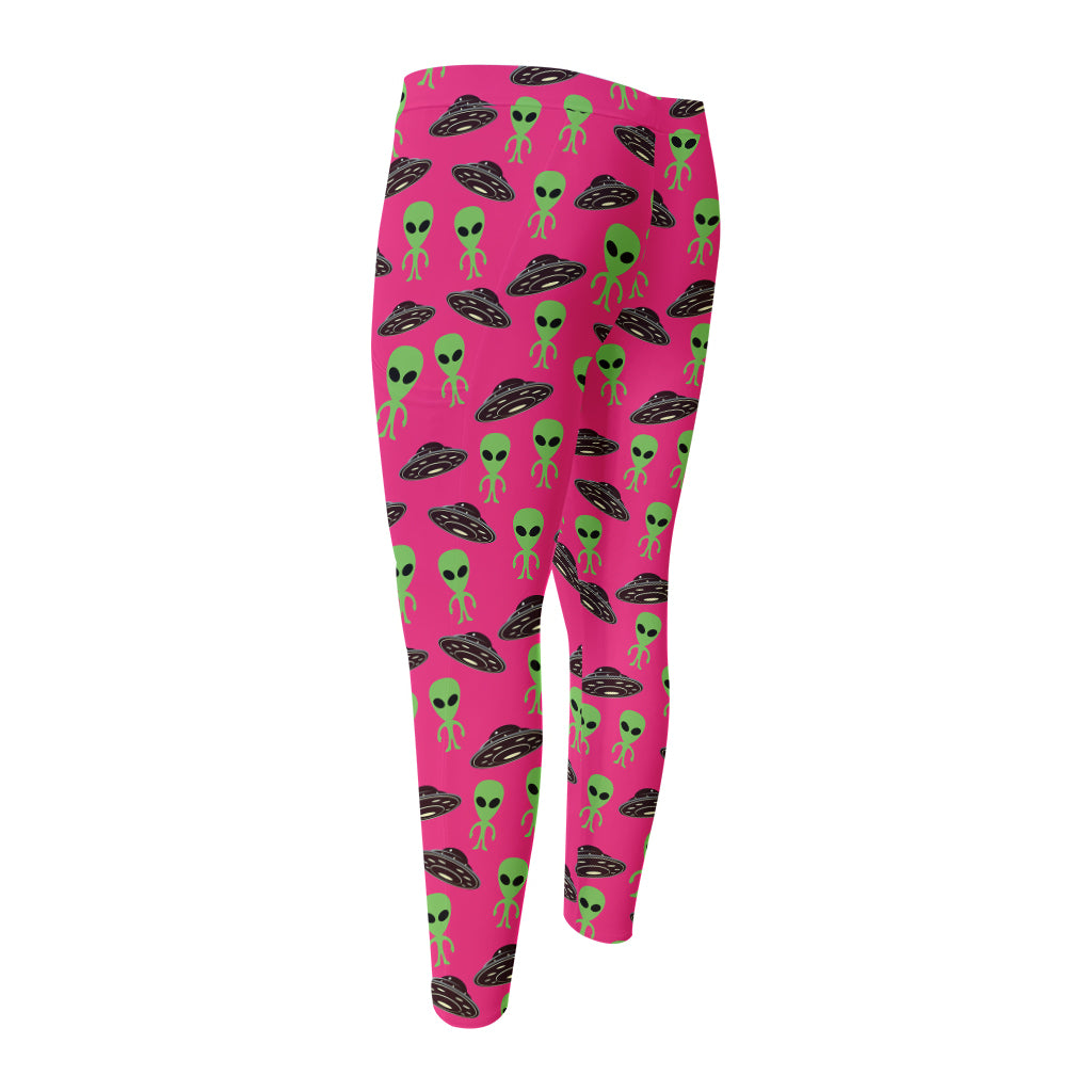 Little Green Alien UFO Print Men's Compression Pants