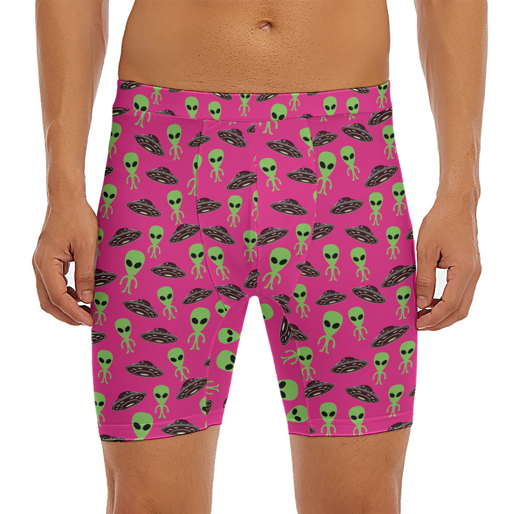 Little Green Alien UFO Print Men's Long Boxer Briefs