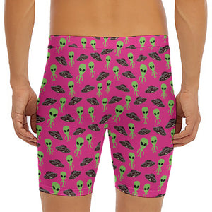 Little Green Alien UFO Print Men's Long Boxer Briefs