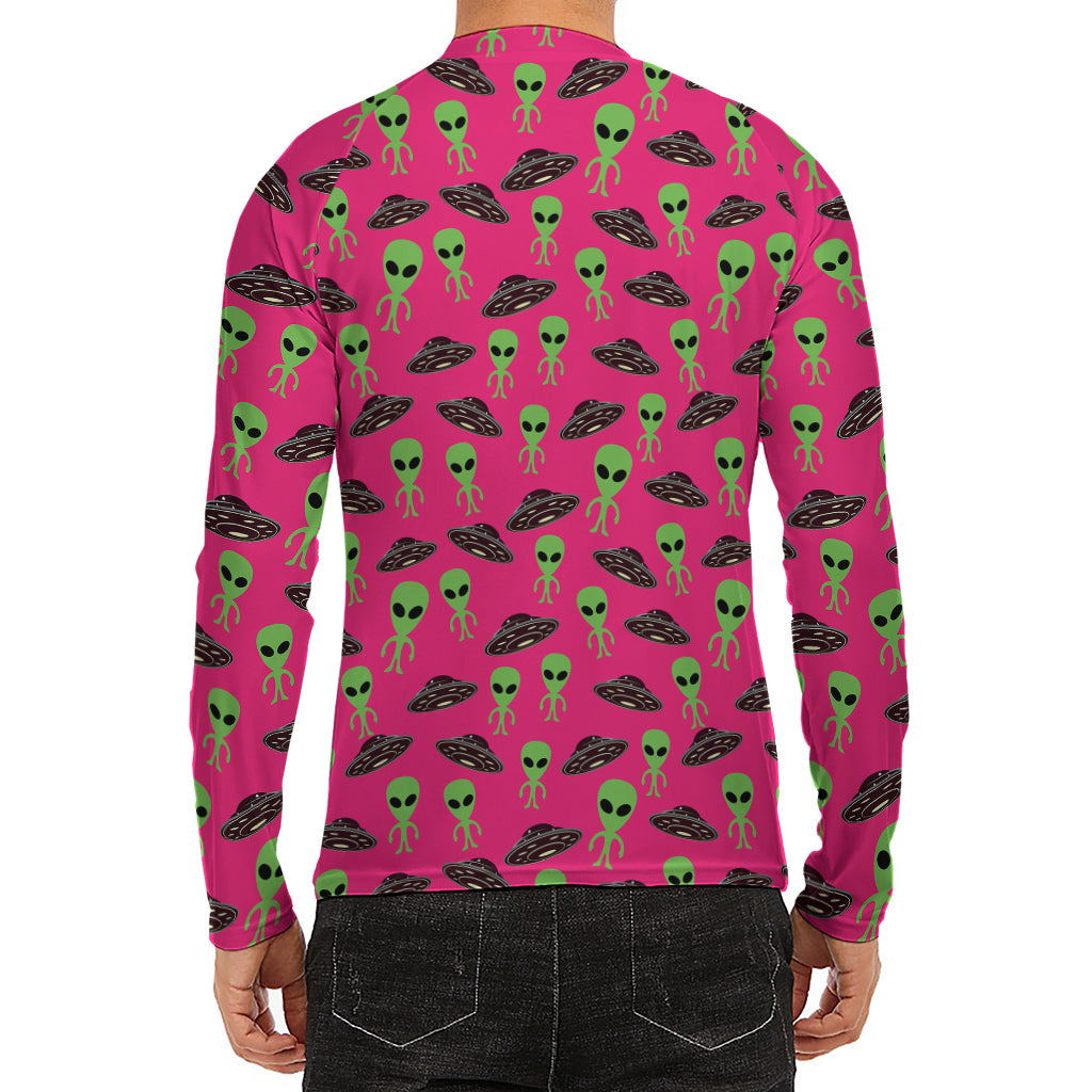 Little Green Alien UFO Print Men's Long Sleeve Rash Guard