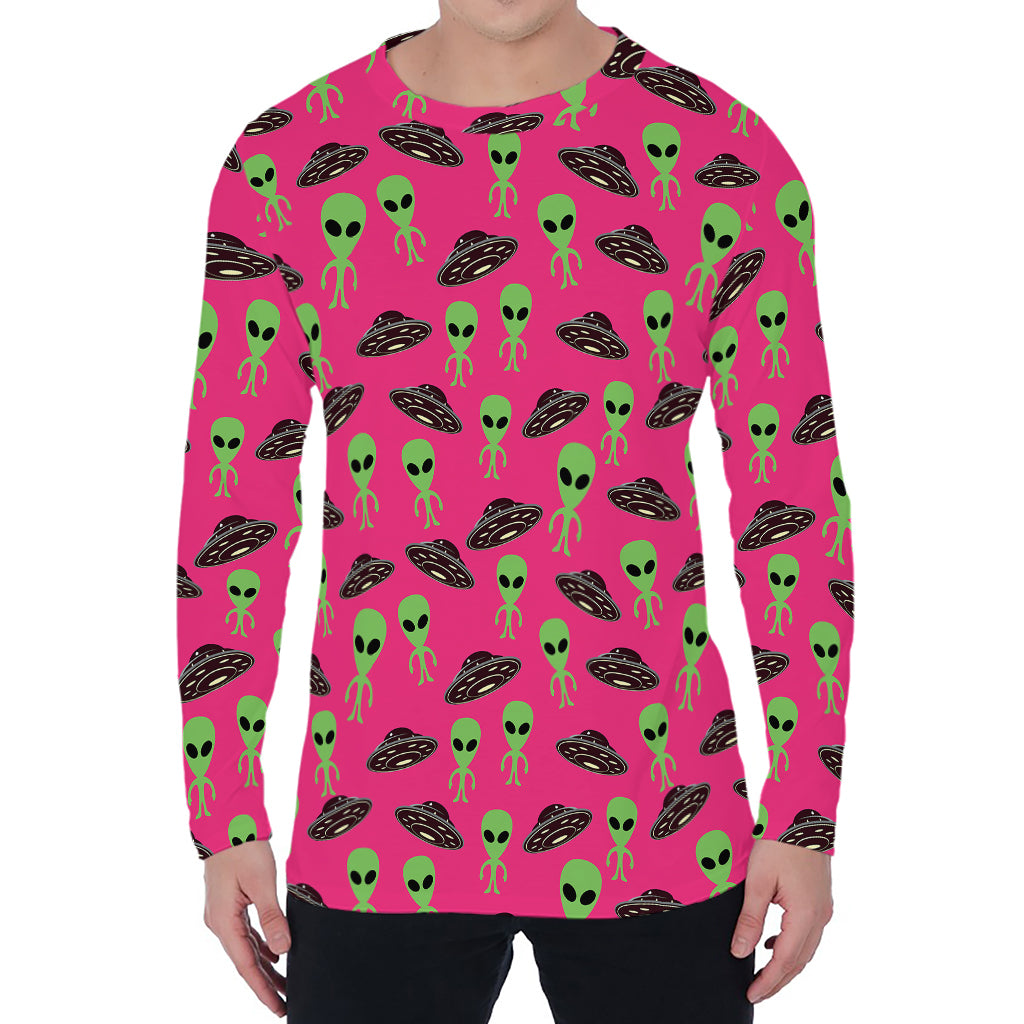 Little Green Alien UFO Print Men's Long Sleeve T-Shirt