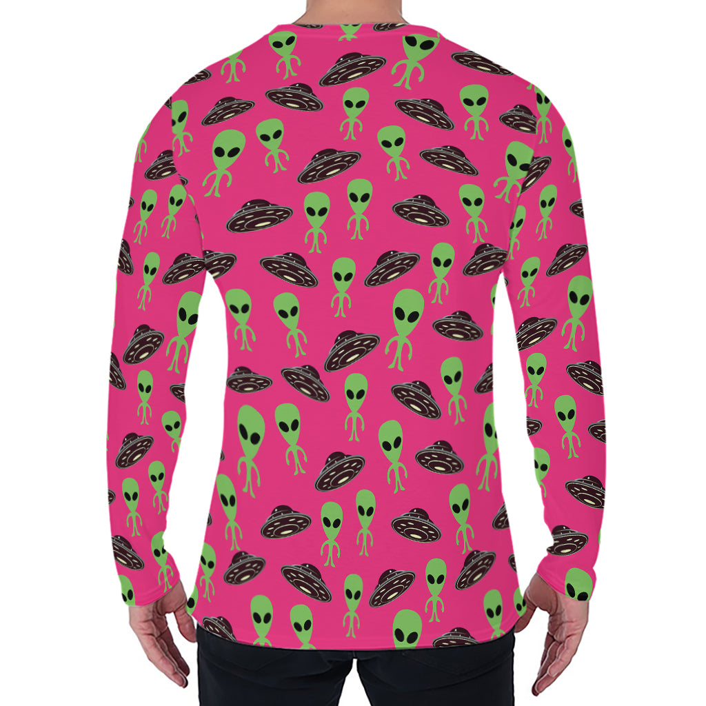 Little Green Alien UFO Print Men's Long Sleeve T-Shirt