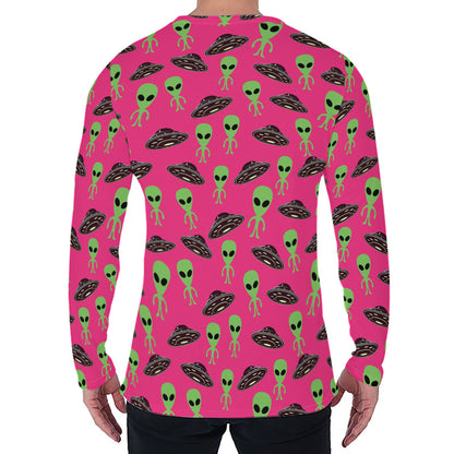 Little Green Alien UFO Print Men's Long Sleeve T-Shirt