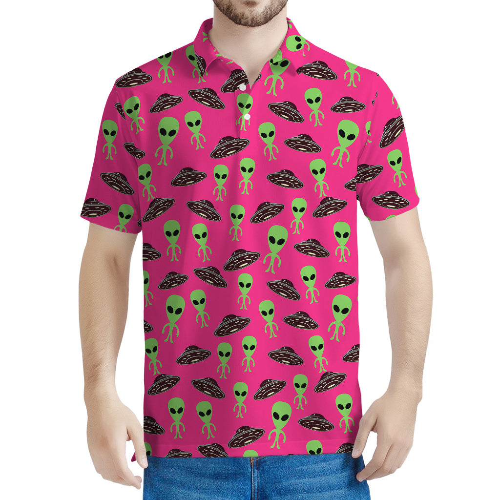 Little Green Alien UFO Print Men's Polo Shirt
