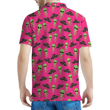 Little Green Alien UFO Print Men's Polo Shirt
