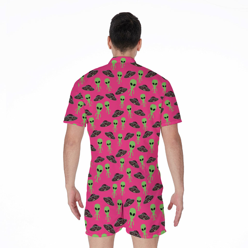 Little Green Alien UFO Print Men's Rompers