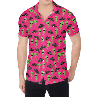 Little Green Alien UFO Print Men's Shirt