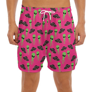 Little Green Alien UFO Print Men's Split Running Shorts