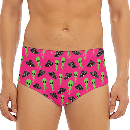 Little Green Alien UFO Print Men's Triangle Swim Briefs