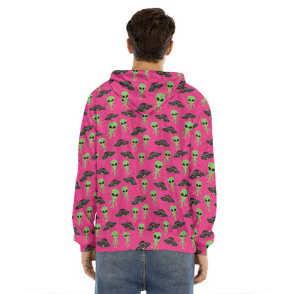 Little Green Alien UFO Print Men's Velvet Pullover Hoodie
