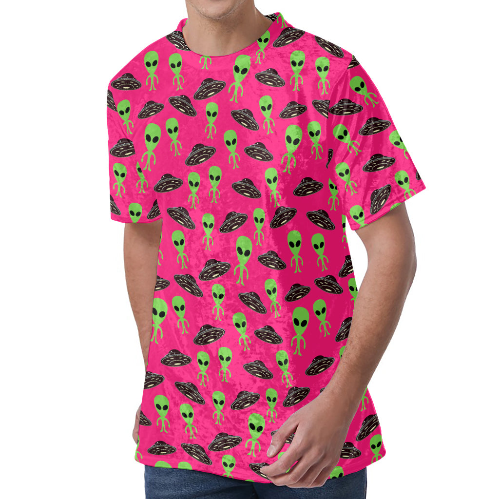 Little Green Alien UFO Print Men's Velvet T-Shirt