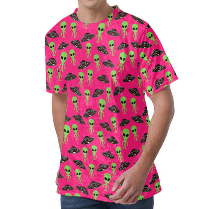 Little Green Alien UFO Print Men's Velvet T-Shirt