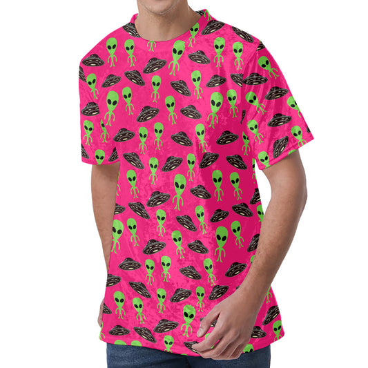 Little Green Alien UFO Print Men's Velvet T-Shirt