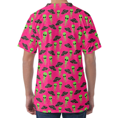Little Green Alien UFO Print Men's Velvet T-Shirt