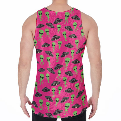 Little Green Alien UFO Print Men's Velvet Tank Top