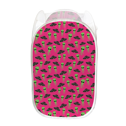 Little Green Alien UFO Print Mesh Laundry Hamper