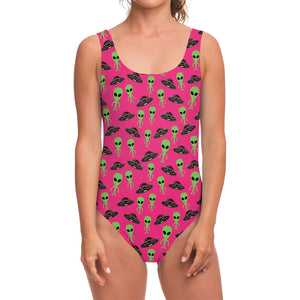 Little Green Alien UFO Print One Piece Swimsuit