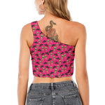 Little Green Alien UFO Print One Shoulder Crop Top