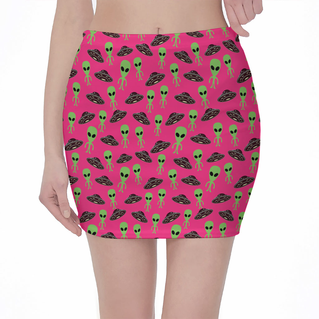 Little Green Alien UFO Print Pencil Mini Skirt