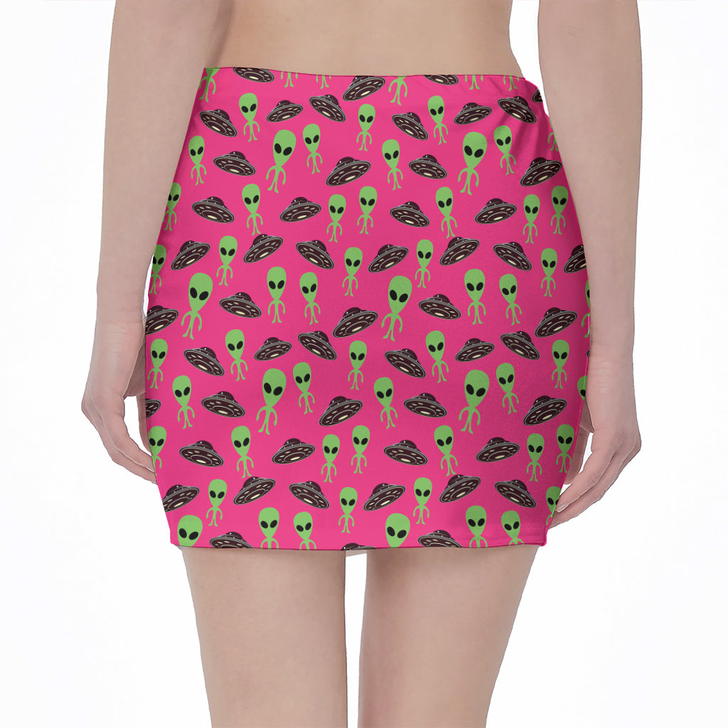 Little Green Alien UFO Print Pencil Mini Skirt