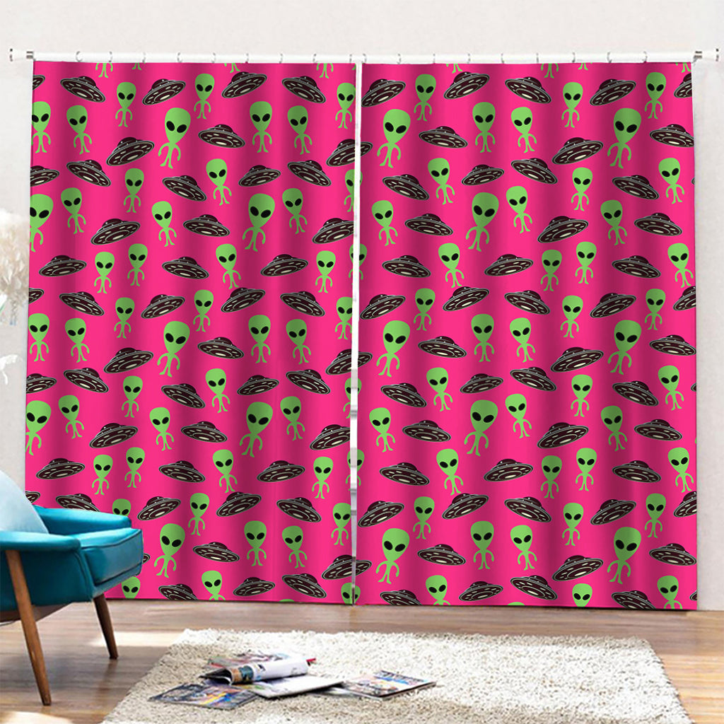 Little Green Alien UFO Print Pencil Pleat Curtains