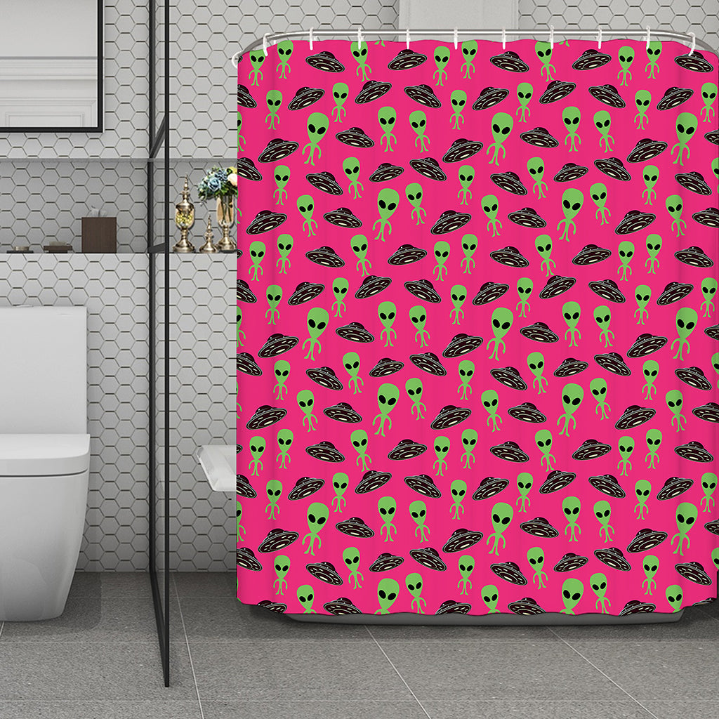 Little Green Alien UFO Print Polyester Shower Curtain