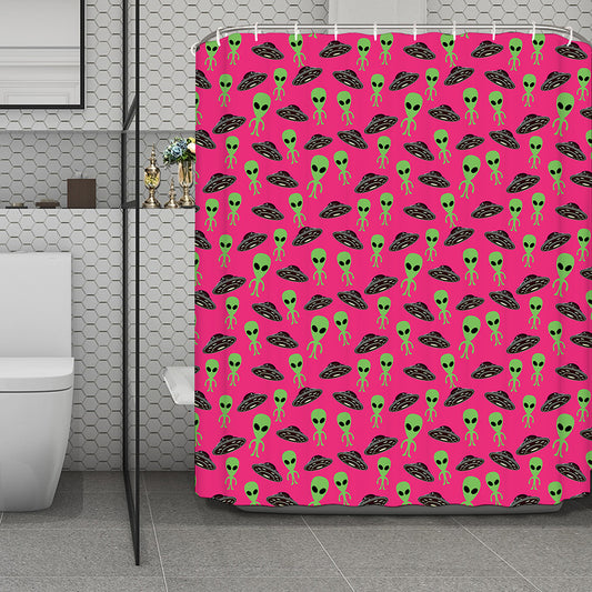 Little Green Alien UFO Print Polyester Shower Curtain