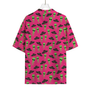 Little Green Alien UFO Print Rayon Hawaiian Shirt