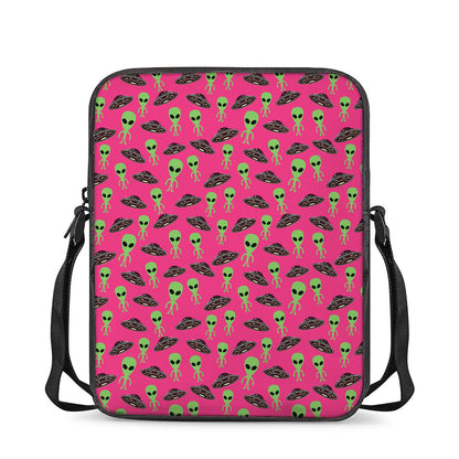 Little Green Alien UFO Print Rectangular Crossbody Bag