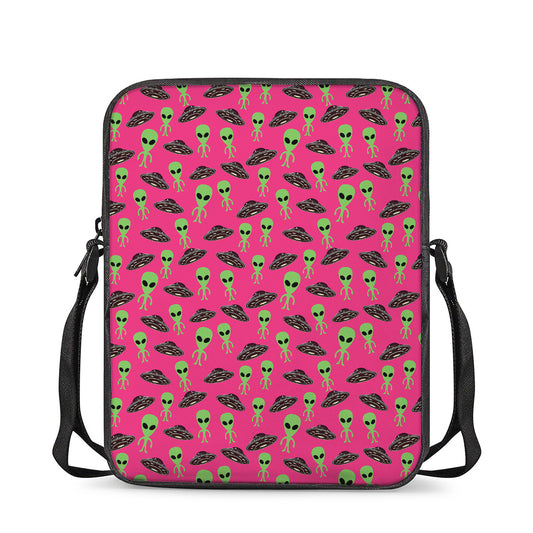 Little Green Alien UFO Print Rectangular Crossbody Bag