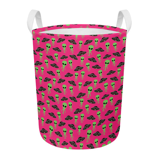 Little Green Alien UFO Print Round Laundry Basket