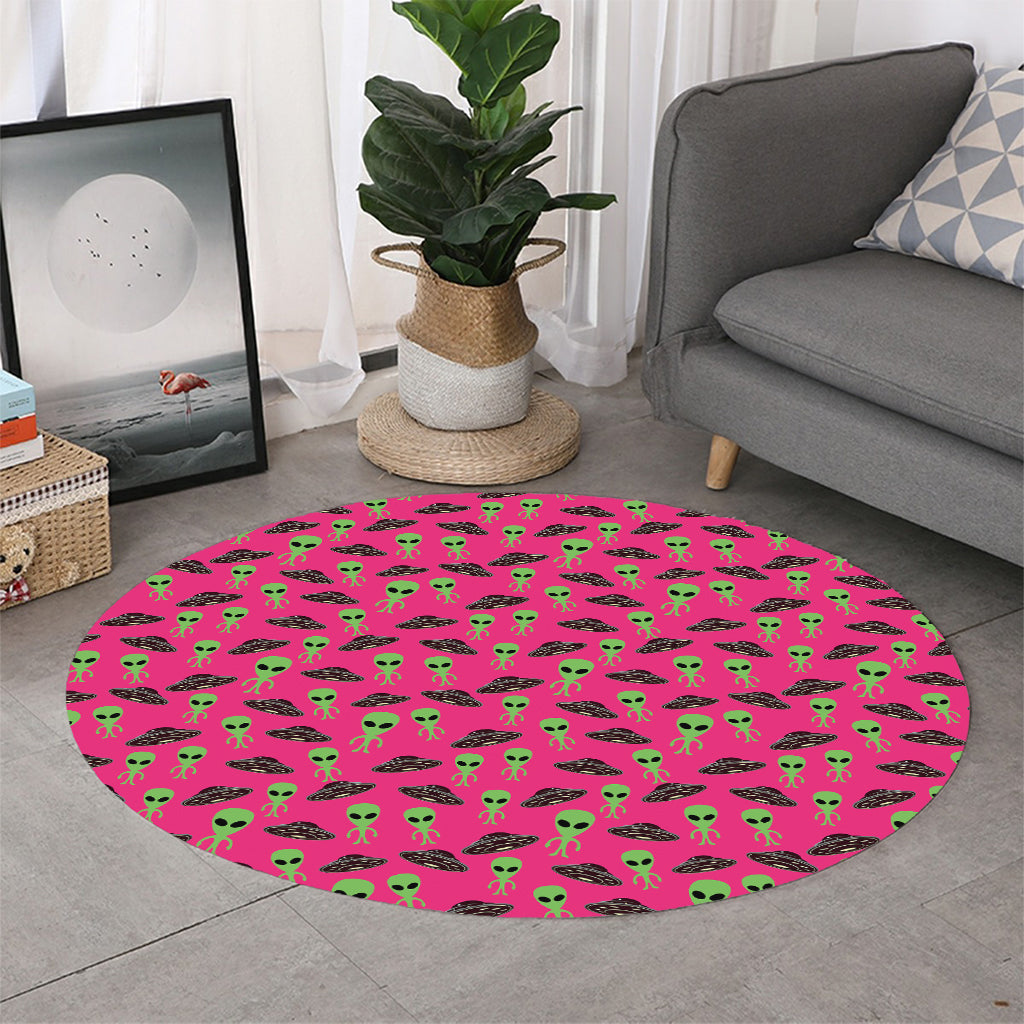 Little Green Alien UFO Print Round Rug