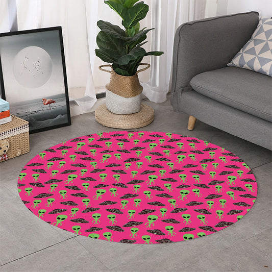 Little Green Alien UFO Print Round Rug