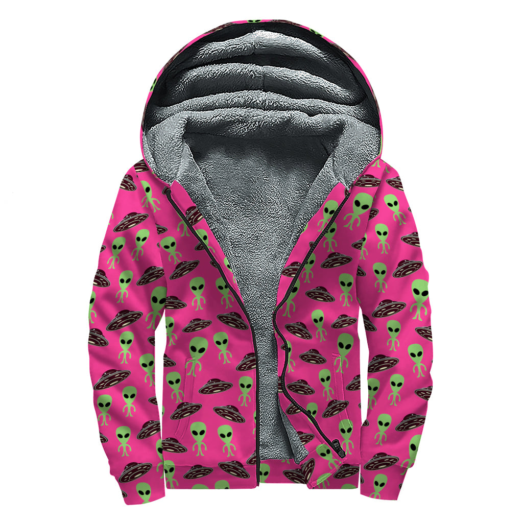 Little Green Alien UFO Print Sherpa Lined Zip Up Hoodie