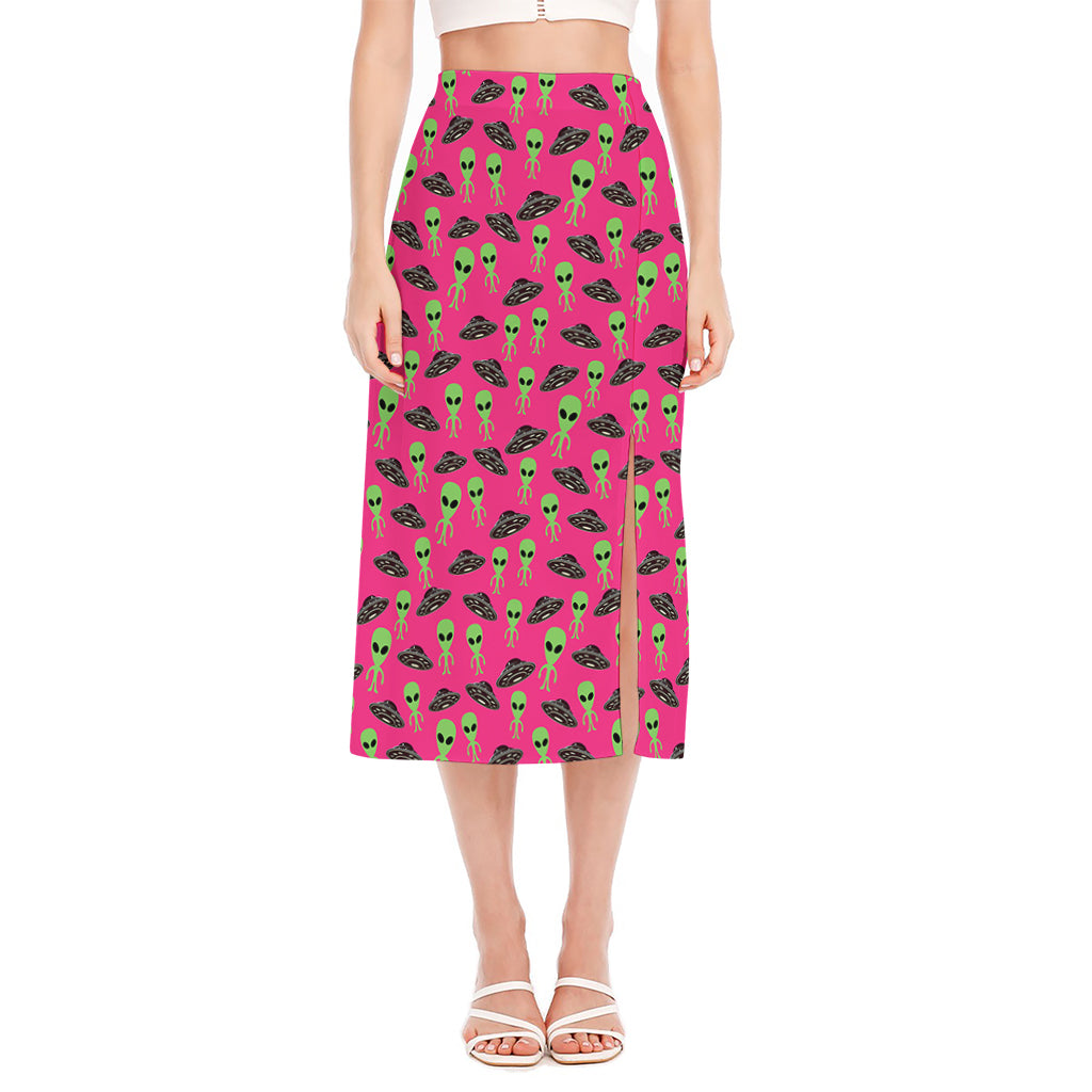 Little Green Alien UFO Print Side Slit Midi Skirt