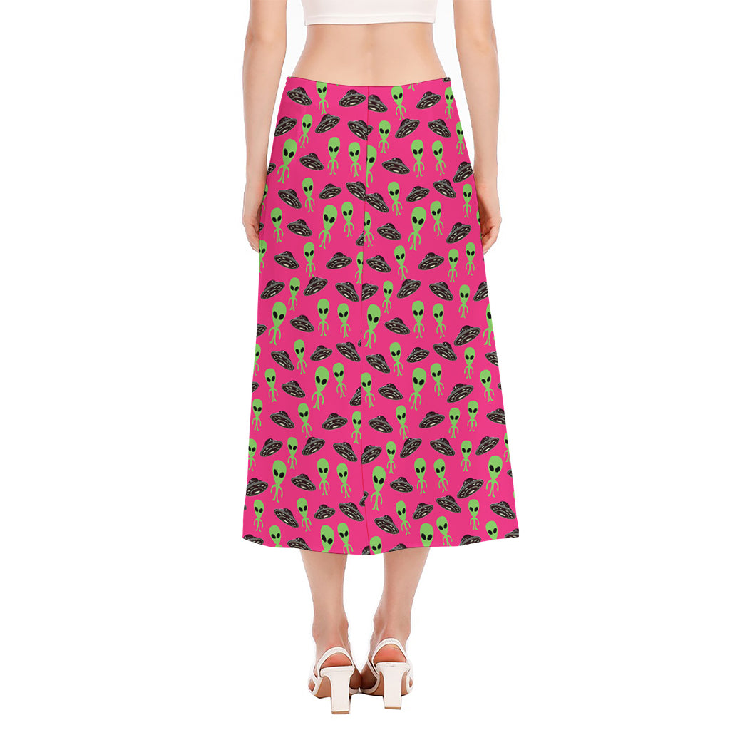 Little Green Alien UFO Print Side Slit Midi Skirt