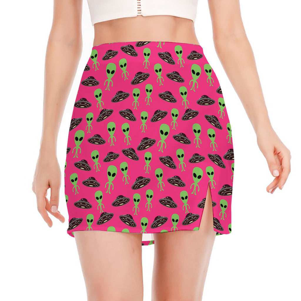 Little Green Alien UFO Print Side Slit Mini Skirt