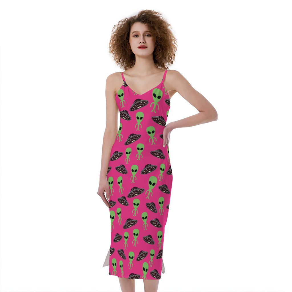 Little Green Alien UFO Print Slim Fit Midi Cami Dress