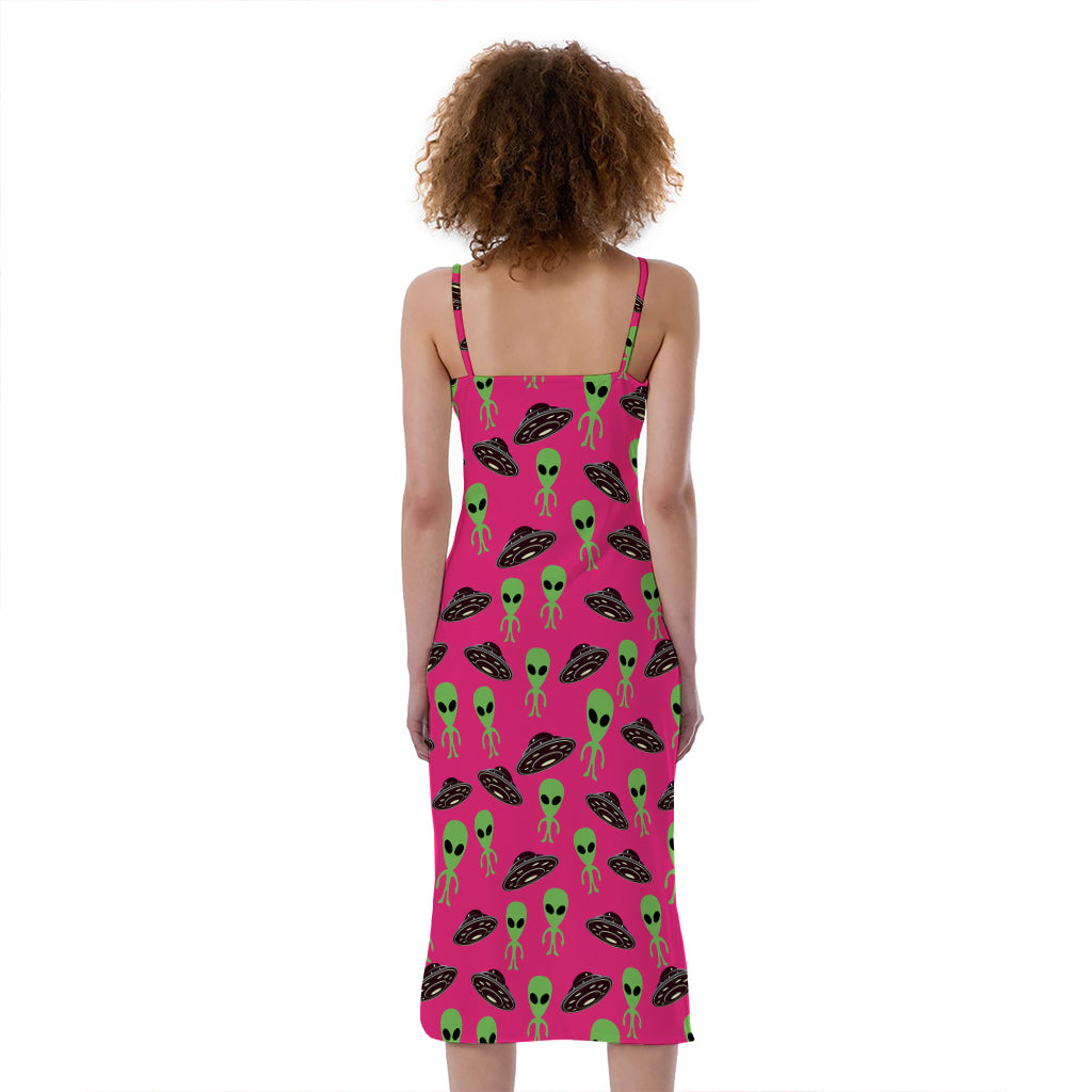 Little Green Alien UFO Print Slim Fit Midi Cami Dress