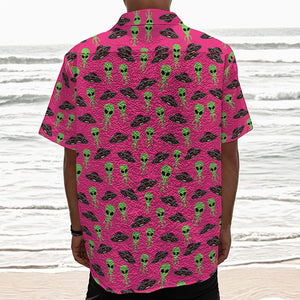 Little Green Alien UFO Print Textured Short Sleeve Shirt