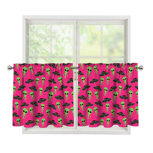 Little Green Alien UFO Print Tier Curtains