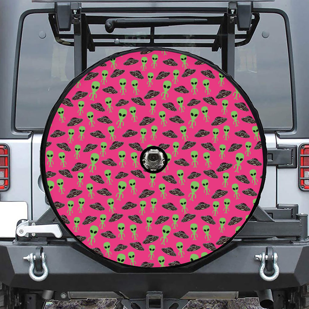 Little Green Alien UFO Print Tire Cover With Camera Hole