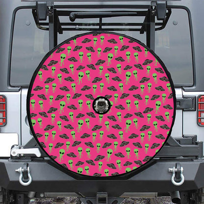Little Green Alien UFO Print Tire Cover With Camera Hole