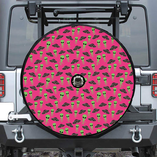 Little Green Alien UFO Print Tire Cover With Camera Hole